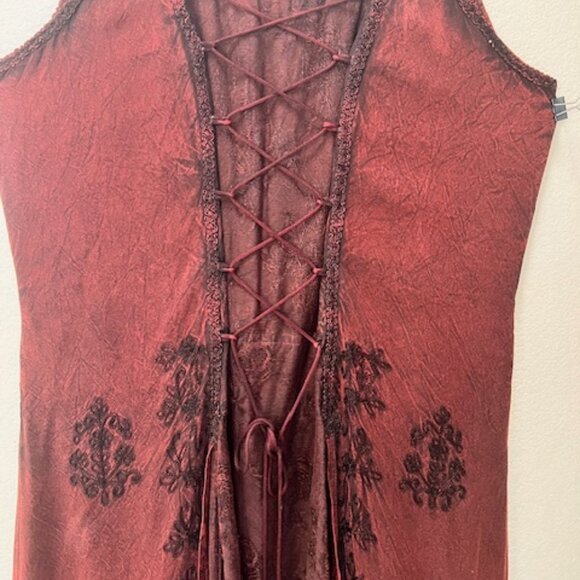 Vintage Renaissance Medieval Maxi Flowy Dress Maroon & Black Flocked Floral 1x - Picture 3 of 10